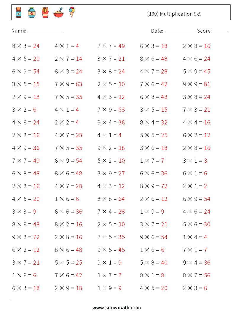 (100) Multiplication 9x9  Math Worksheets 5 Question, Answer