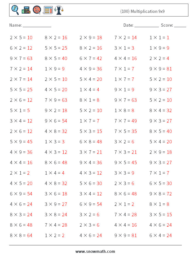 (100) Multiplication 9x9  Math Worksheets 6 Question, Answer