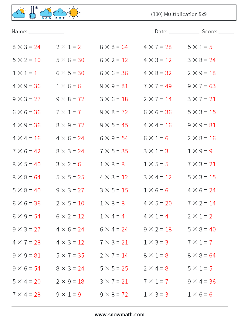 (100) Multiplication 9x9  Math Worksheets 7 Question, Answer