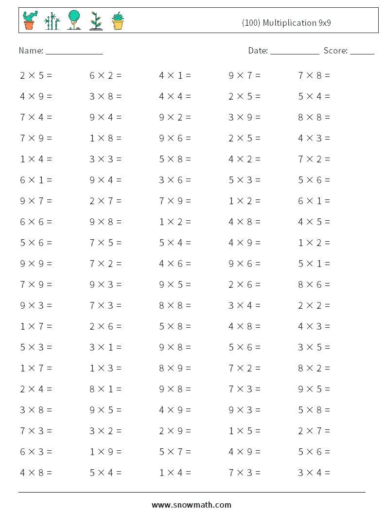 (100) Multiplication 9x9  Math Worksheets 8