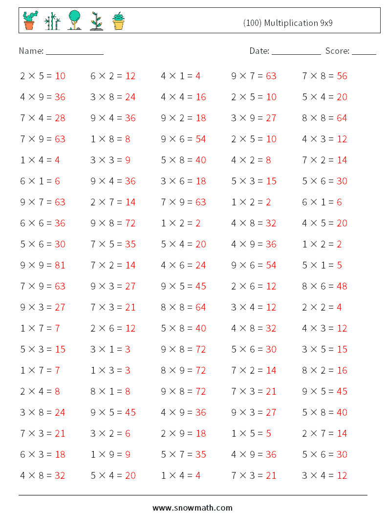 (100) Multiplication 9x9  Math Worksheets 8 Question, Answer