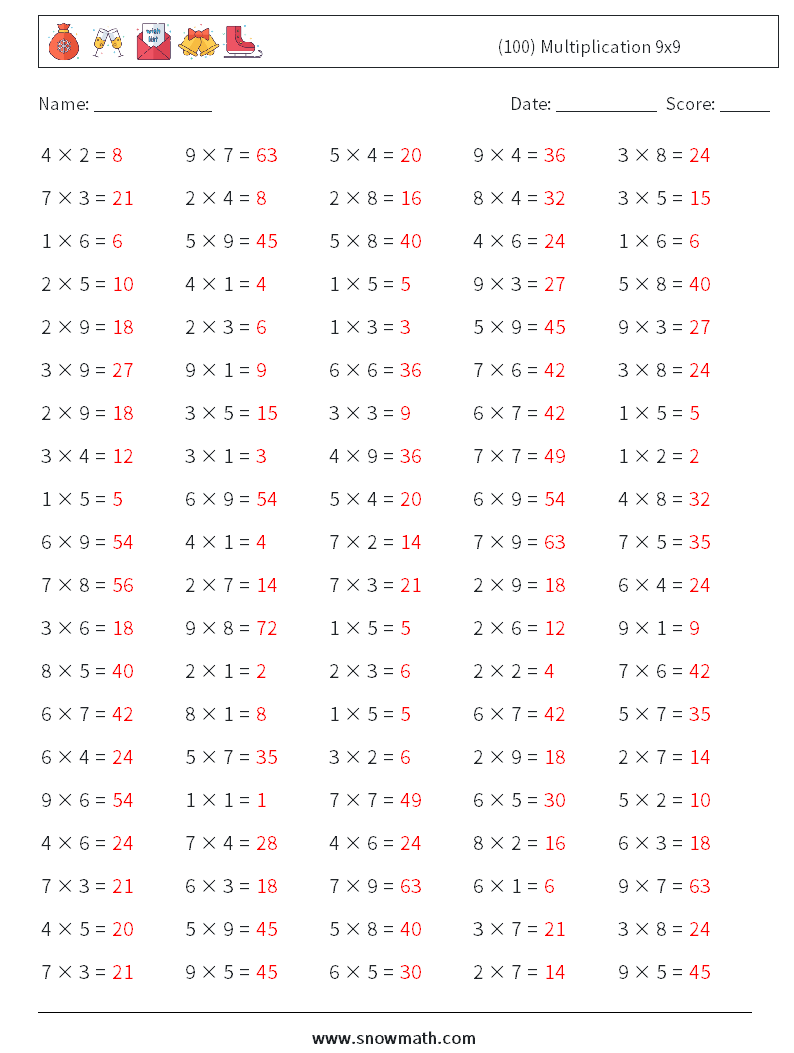 (100) Multiplication 9x9  Math Worksheets 9 Question, Answer