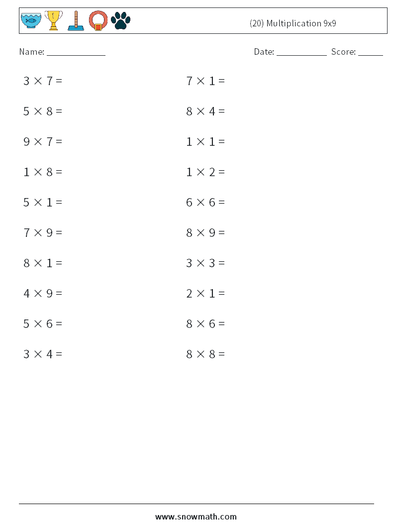 (20) Multiplication 9x9  Math Worksheets 1