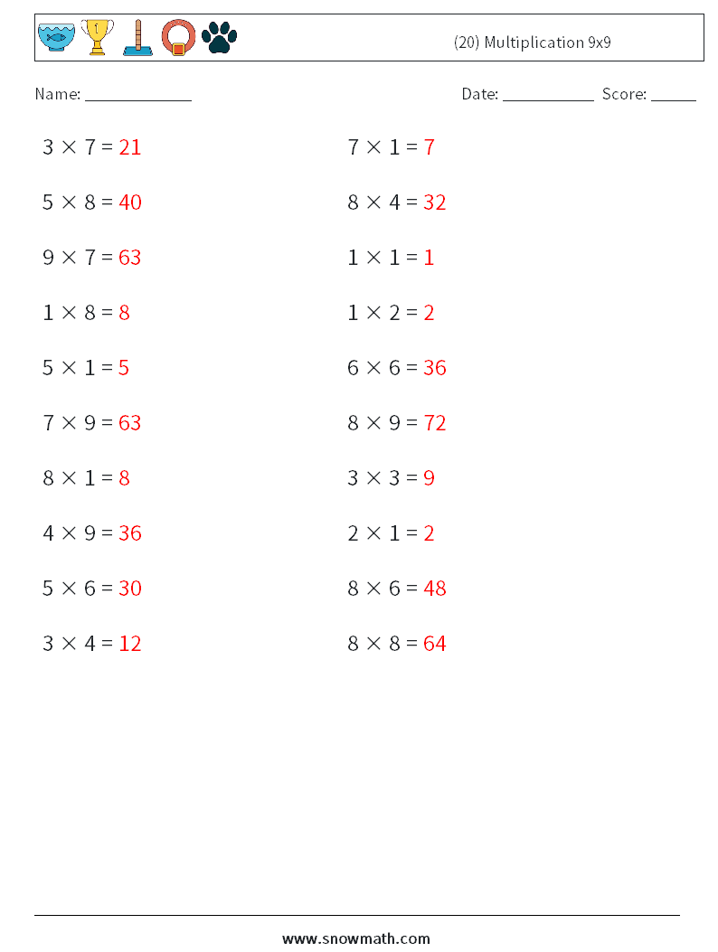 (20) Multiplication 9x9  Math Worksheets 1 Question, Answer