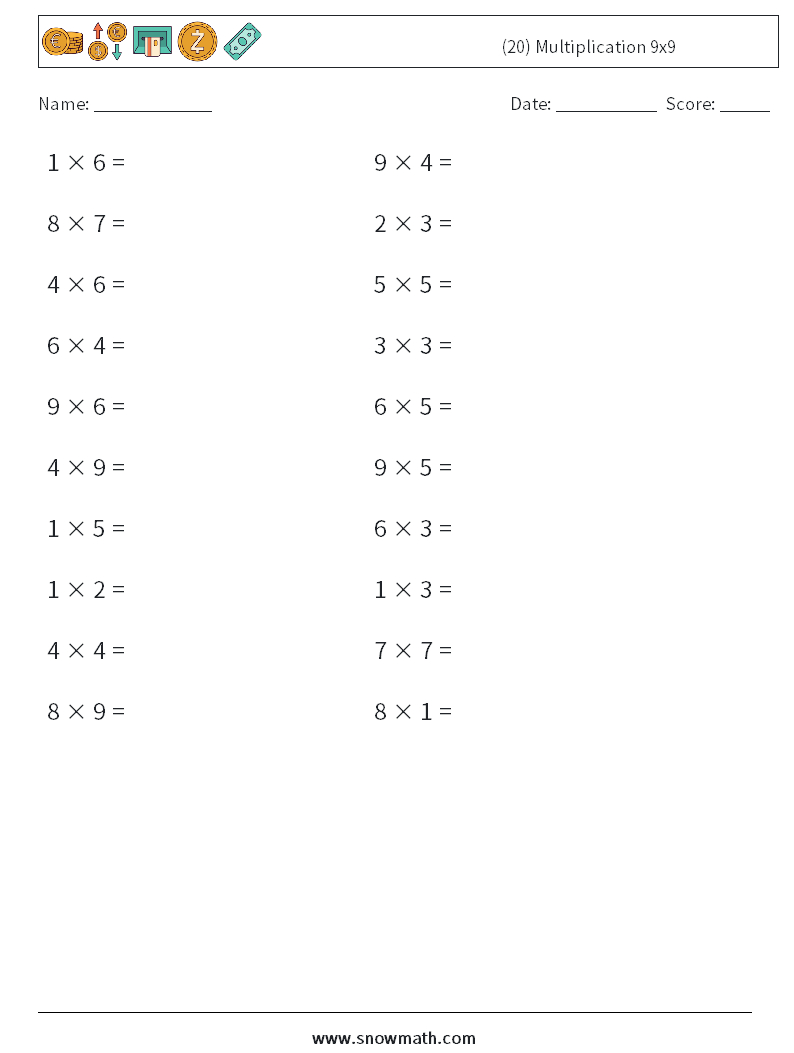 (20) Multiplication 9x9  Math Worksheets 2