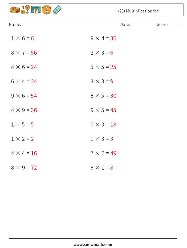 (20) Multiplication 9x9  Math Worksheets 2 Question, Answer