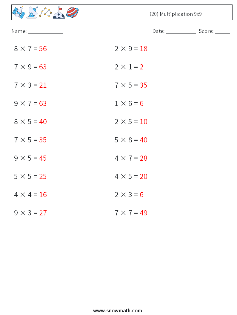 (20) Multiplication 9x9  Math Worksheets 3 Question, Answer