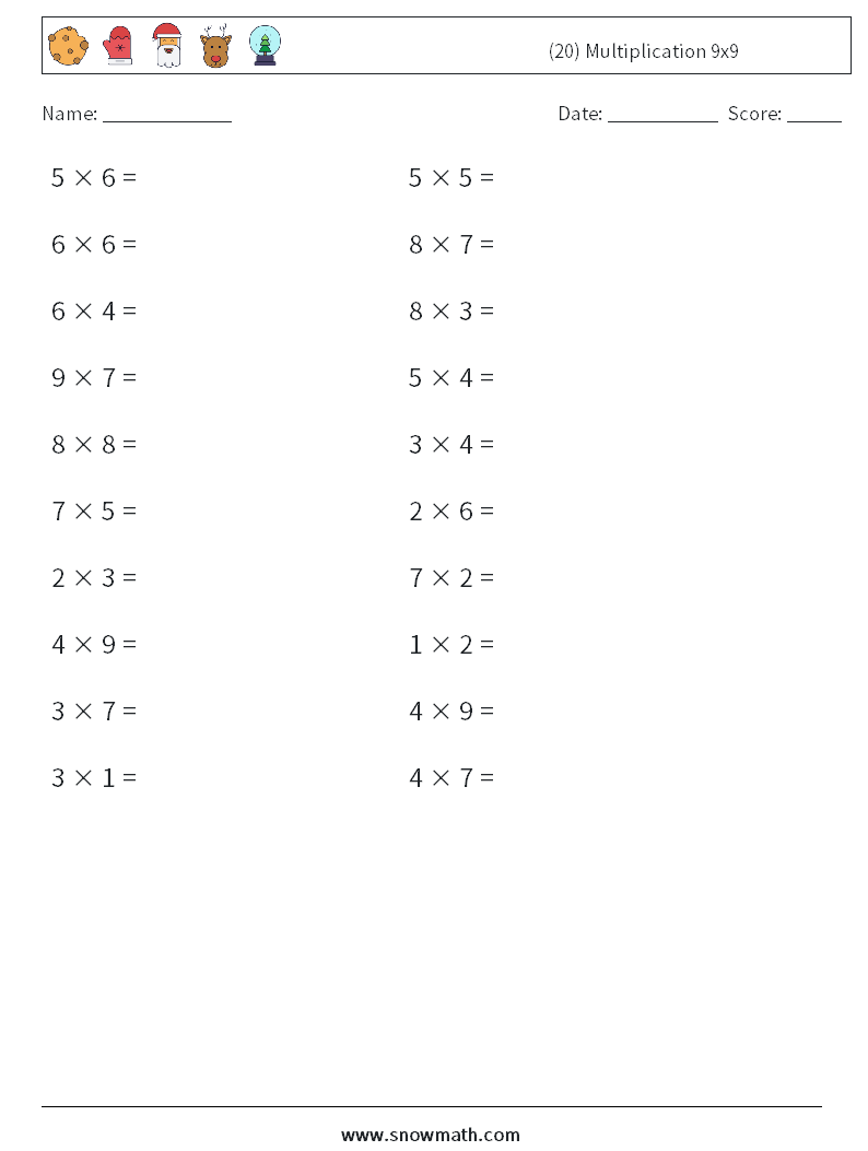 (20) Multiplication 9x9  Math Worksheets 4