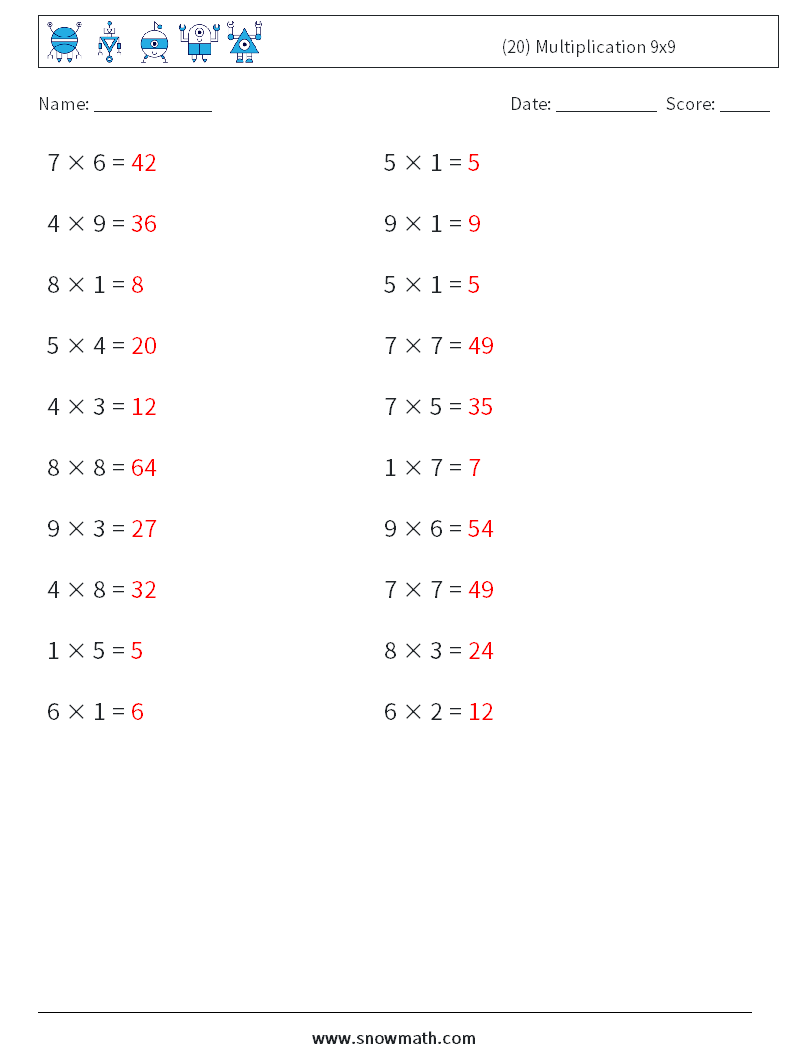 (20) Multiplication 9x9  Math Worksheets 5 Question, Answer