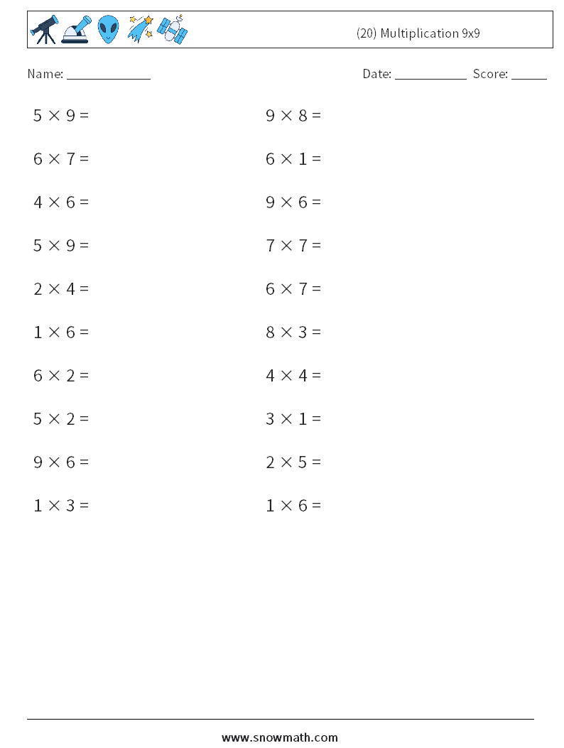 (20) Multiplication 9x9  Math Worksheets 6