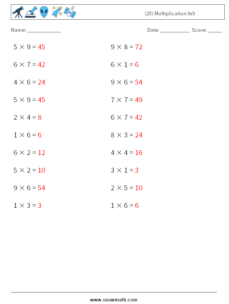 (20) Multiplication 9x9  Math Worksheets 6 Question, Answer