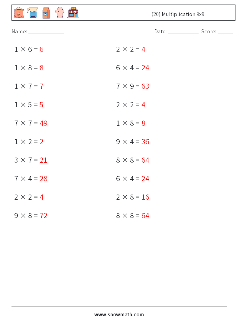 (20) Multiplication 9x9  Math Worksheets 7 Question, Answer