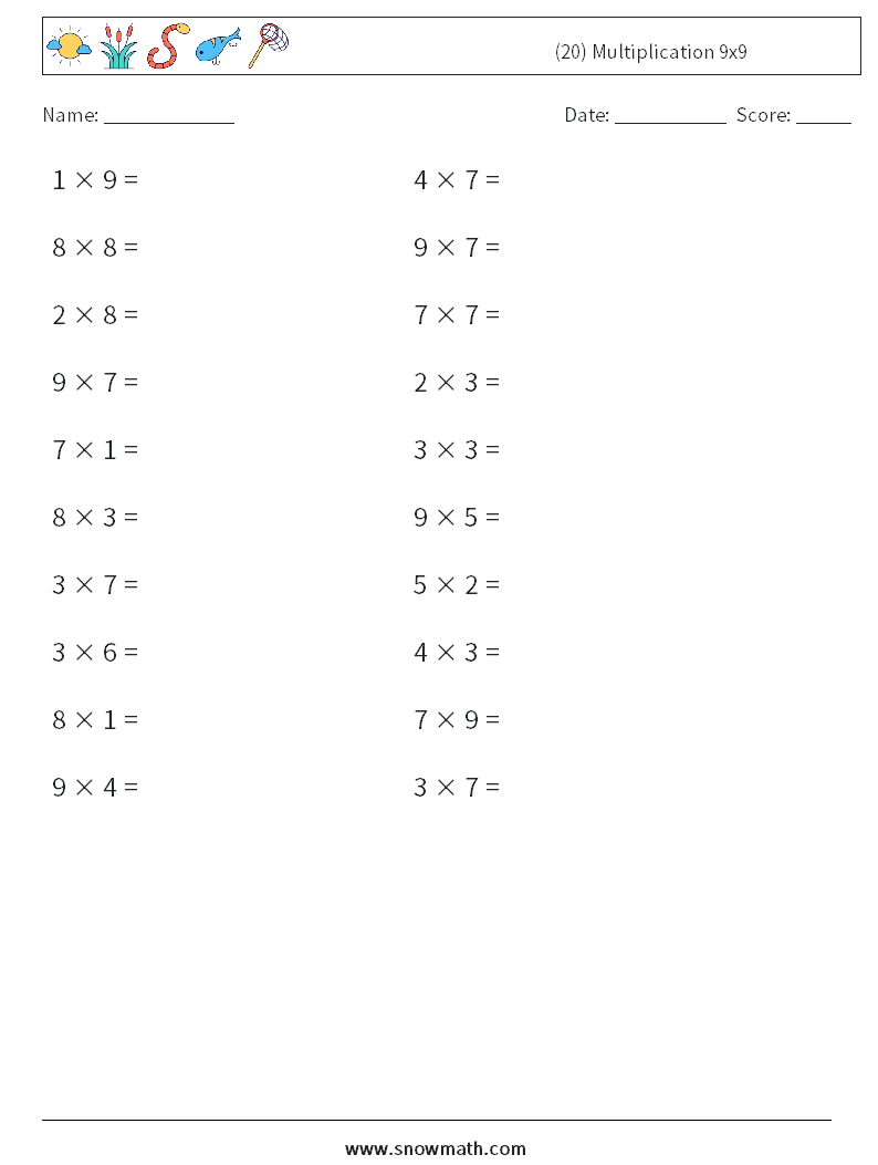 (20) Multiplication 9x9  Math Worksheets 8