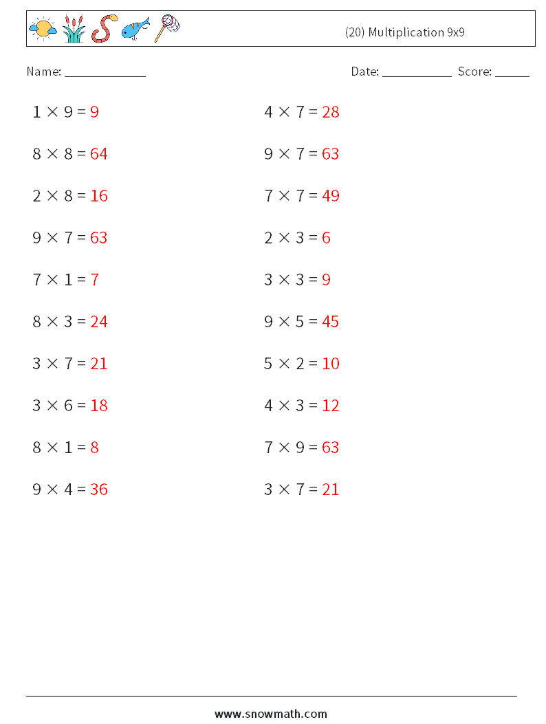 (20) Multiplication 9x9  Math Worksheets 8 Question, Answer