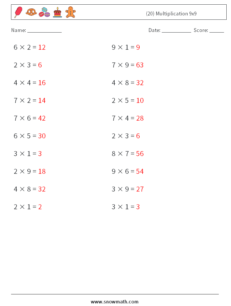 (20) Multiplication 9x9  Math Worksheets 9 Question, Answer