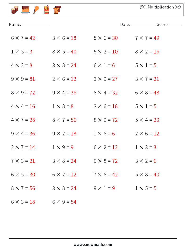 (50) Multiplication 9x9  Math Worksheets 1 Question, Answer