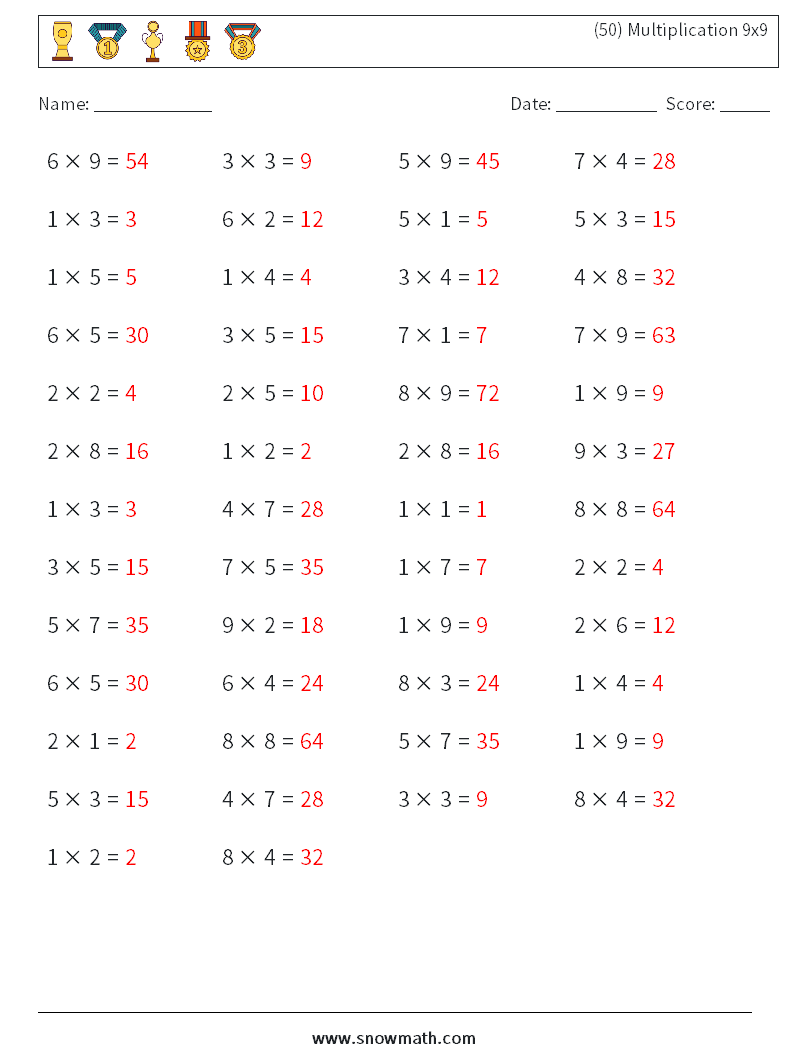 (50) Multiplication 9x9  Math Worksheets 2 Question, Answer