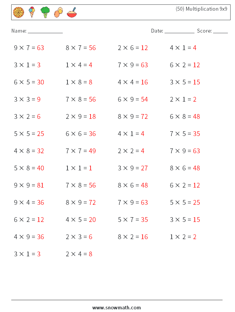 (50) Multiplication 9x9  Math Worksheets 3 Question, Answer