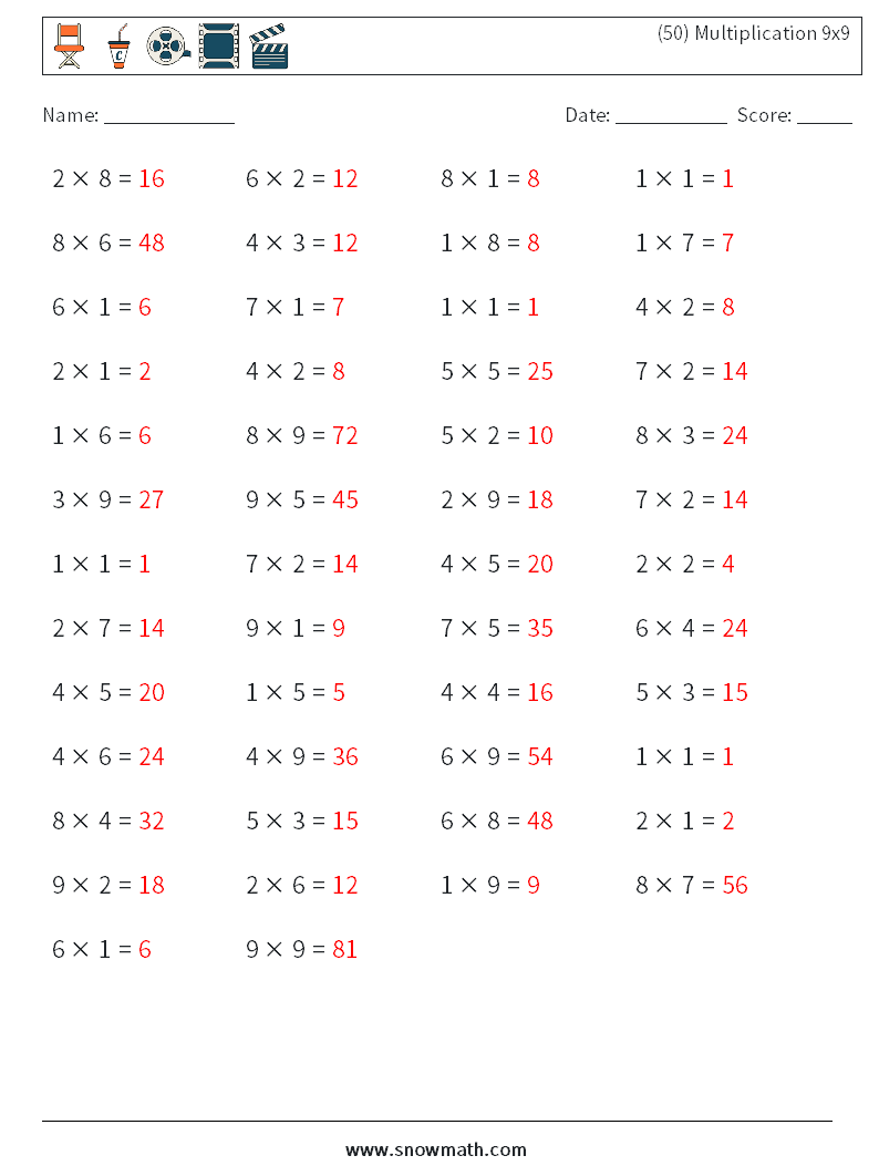 (50) Multiplication 9x9  Math Worksheets 4 Question, Answer