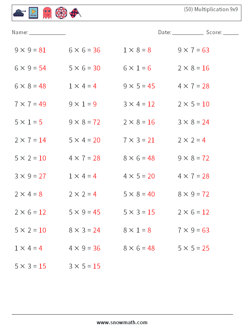 (50) Multiplication 9x9  Math Worksheets 5 Question, Answer