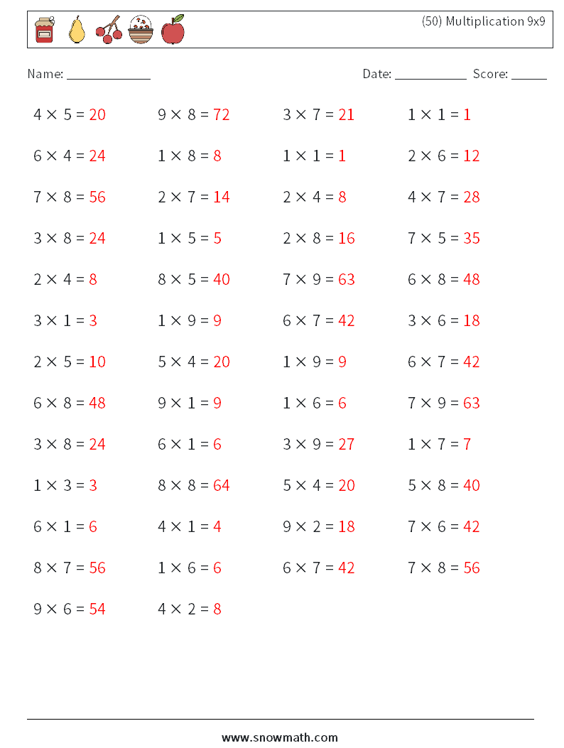 (50) Multiplication 9x9  Math Worksheets 6 Question, Answer