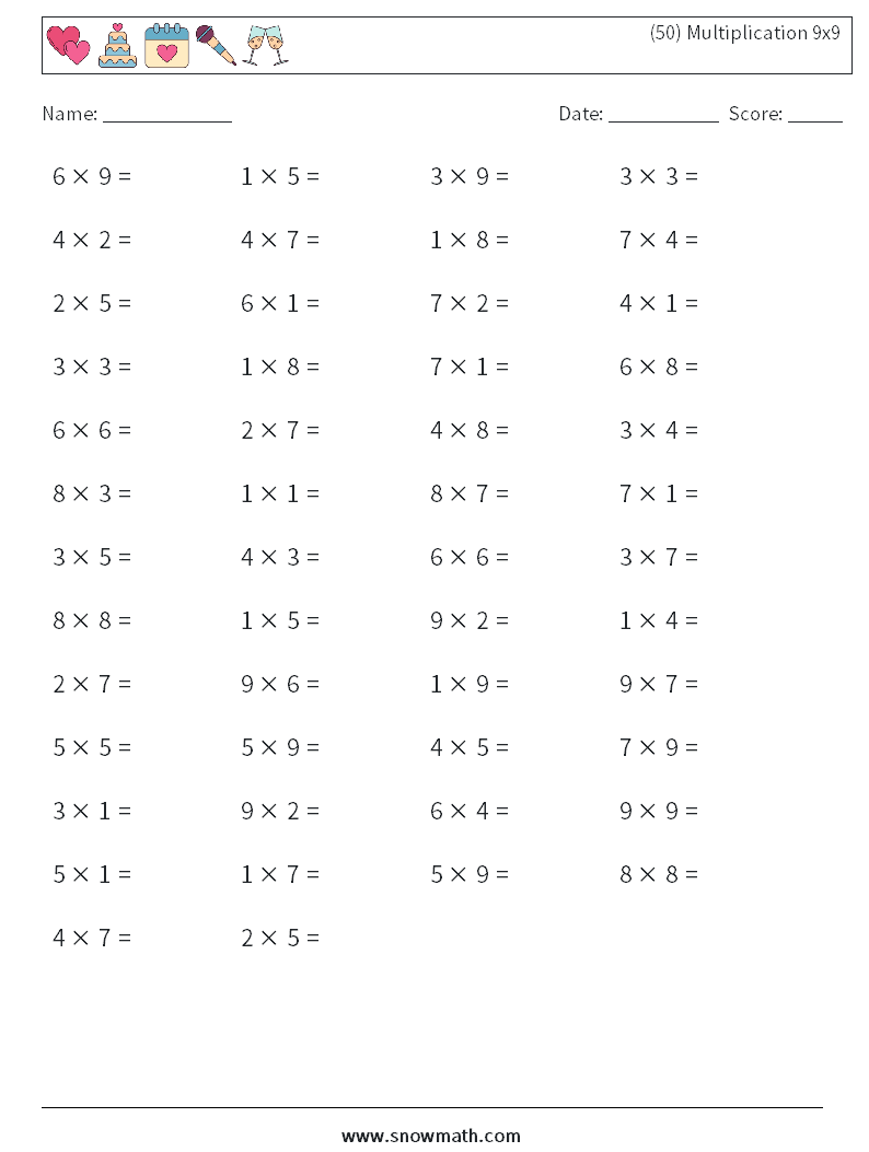 (50) Multiplication 9x9  Math Worksheets 7