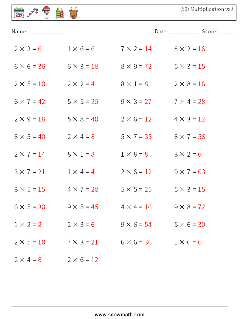 (50) Multiplication 9x9  Math Worksheets 9 Question, Answer