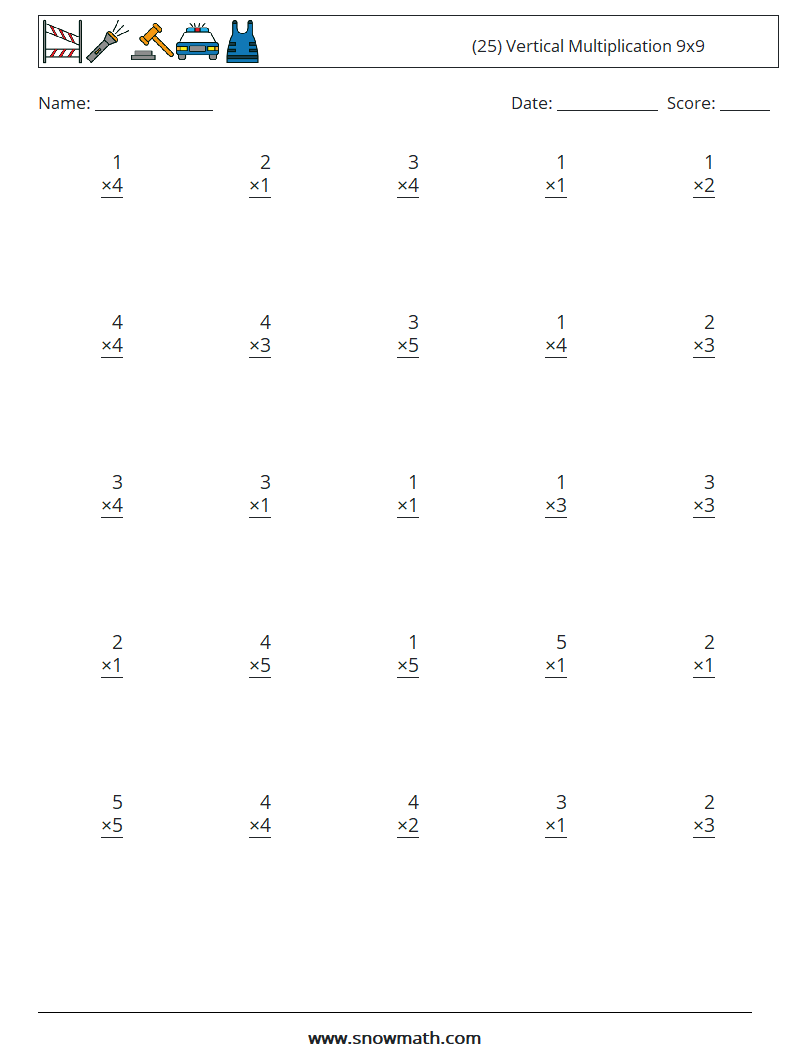 (25) Vertical Multiplication 9x9 Math Worksheets 1