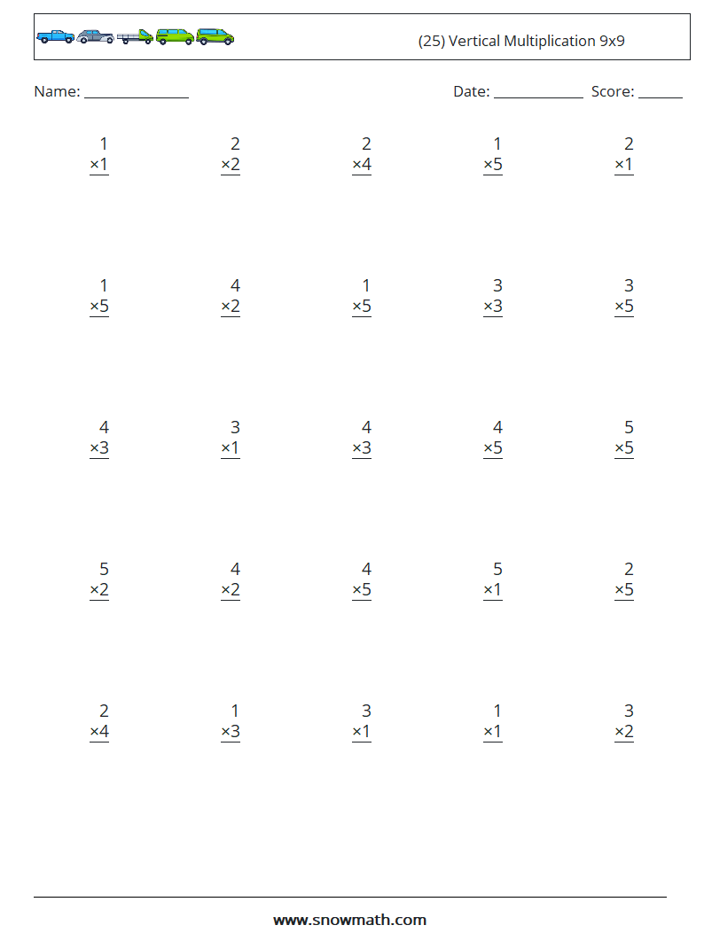 (25) Vertical Multiplication 9x9 Math Worksheets 2