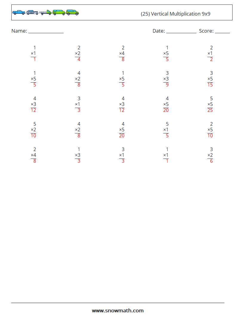 (25) Vertical Multiplication 9x9 Math Worksheets 2 Question, Answer