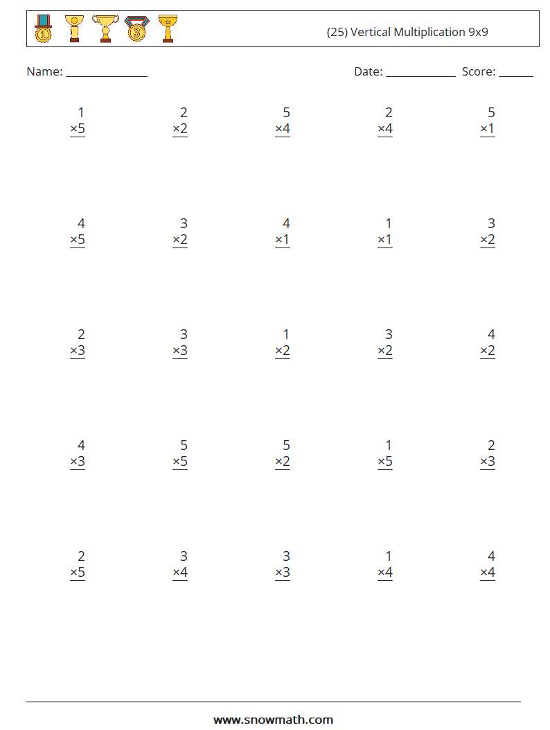 (25) Vertical Multiplication 9x9 Math Worksheets 4