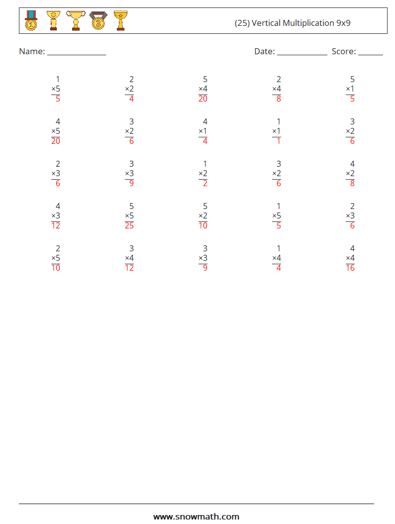 (25) Vertical Multiplication 9x9 Math Worksheets 4 Question, Answer