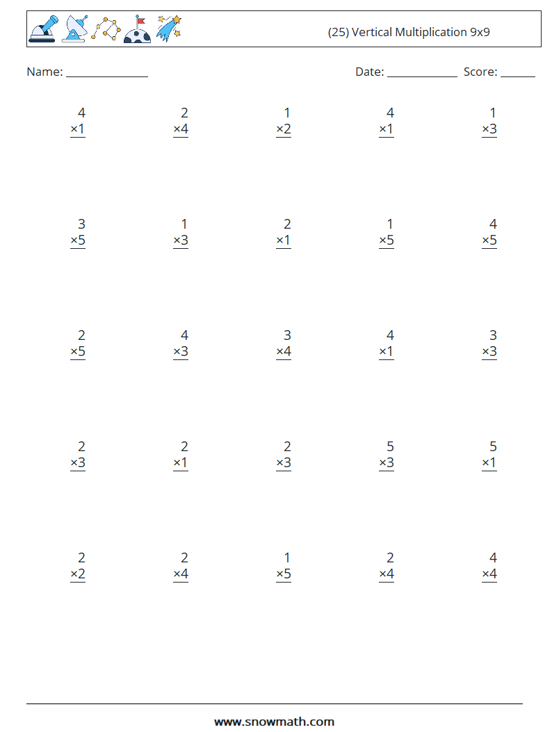 (25) Vertical Multiplication 9x9 Math Worksheets 5