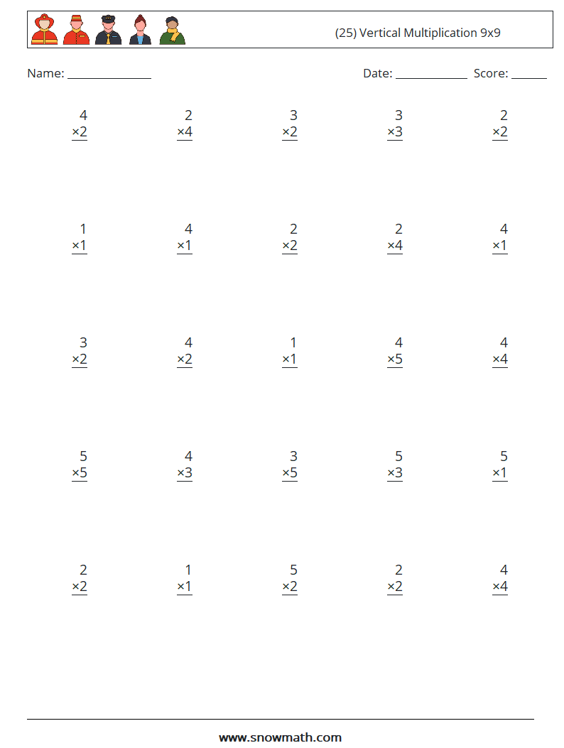 (25) Vertical Multiplication 9x9 Math Worksheets 7