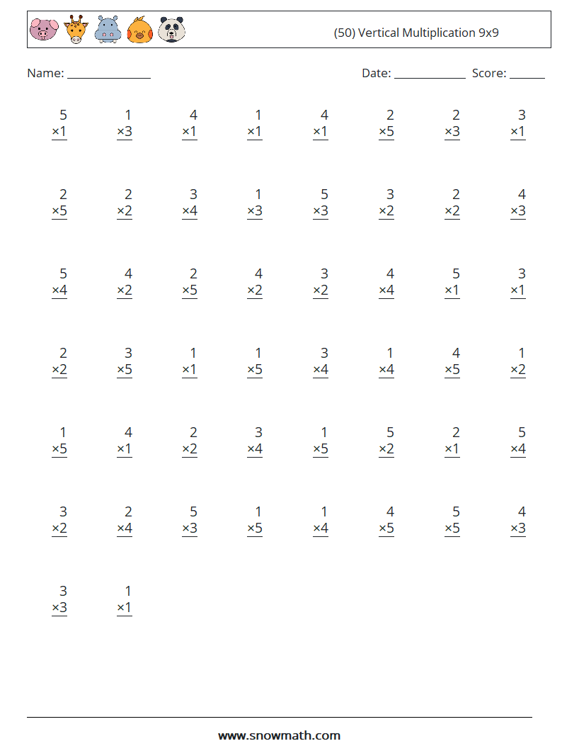 (50) Vertical Multiplication 9x9 Math Worksheets 1