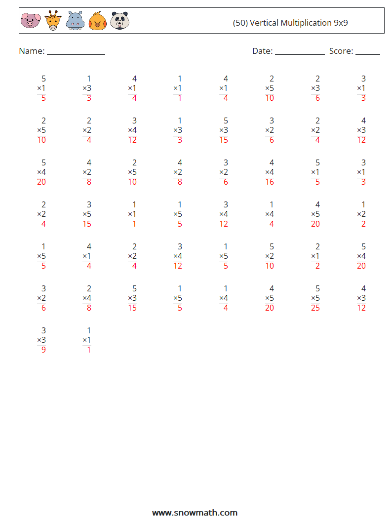 (50) Vertical Multiplication 9x9 Math Worksheets 1 Question, Answer