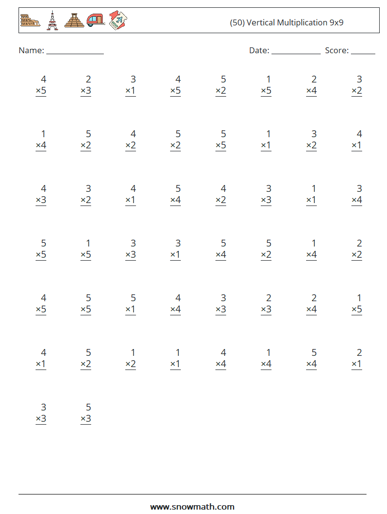 (50) Vertical Multiplication 9x9 Math Worksheets 2