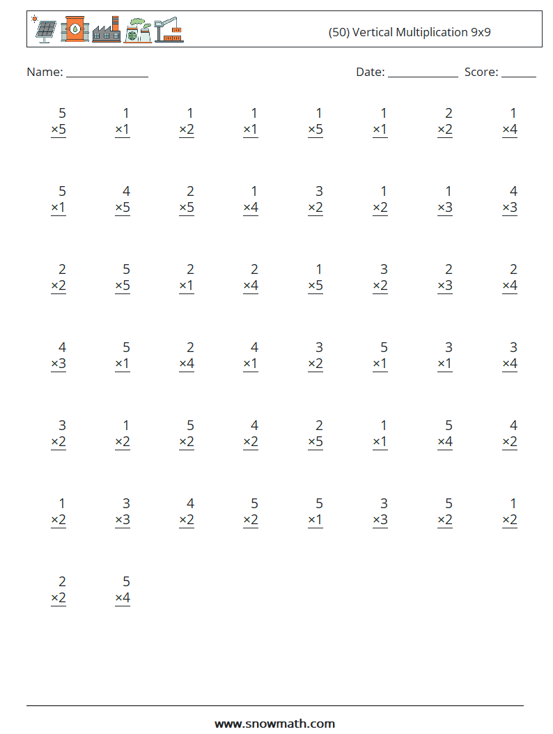 (50) Vertical Multiplication 9x9 Math Worksheets 6