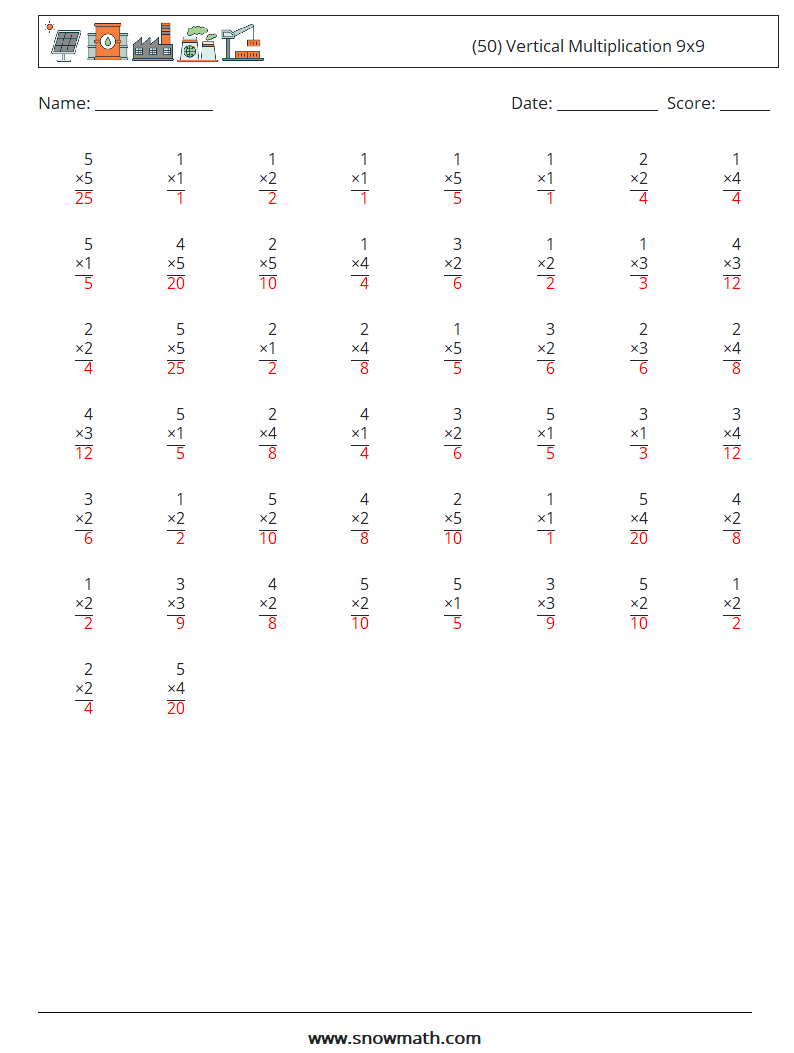 (50) Vertical Multiplication 9x9 Math Worksheets 6 Question, Answer