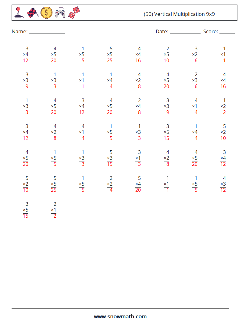 (50) Vertical Multiplication 9x9 Math Worksheets 7 Question, Answer