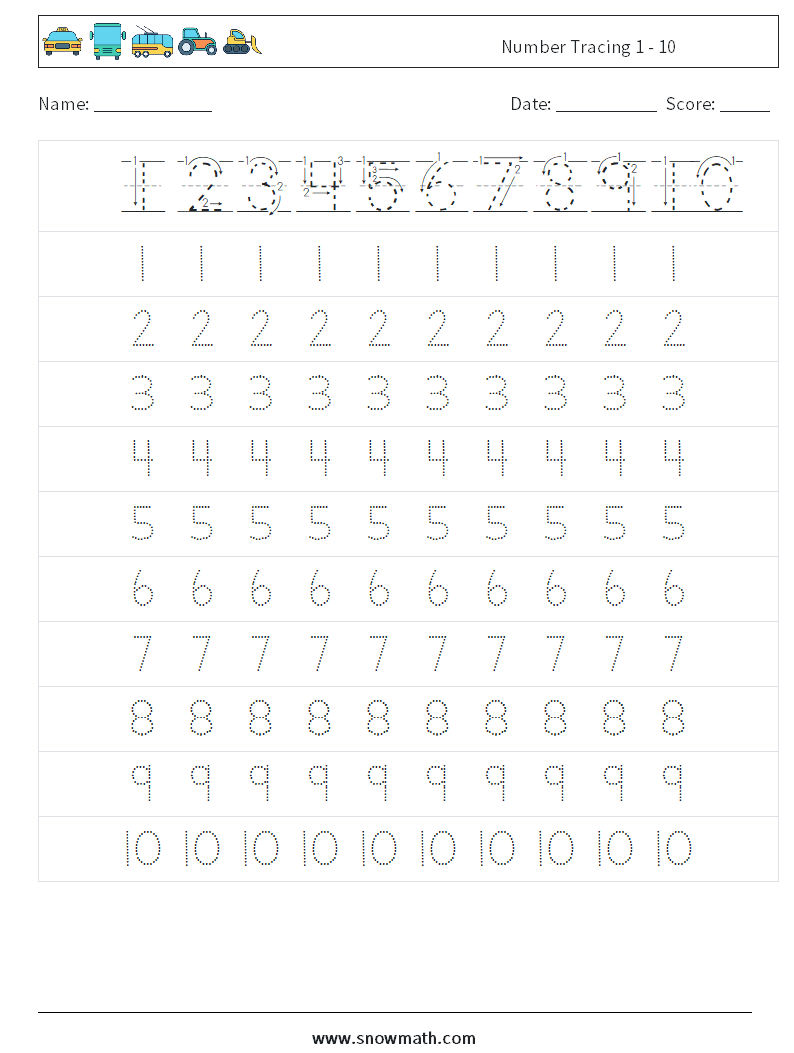 Number Tracing 1 - 10 Math Worksheets 1