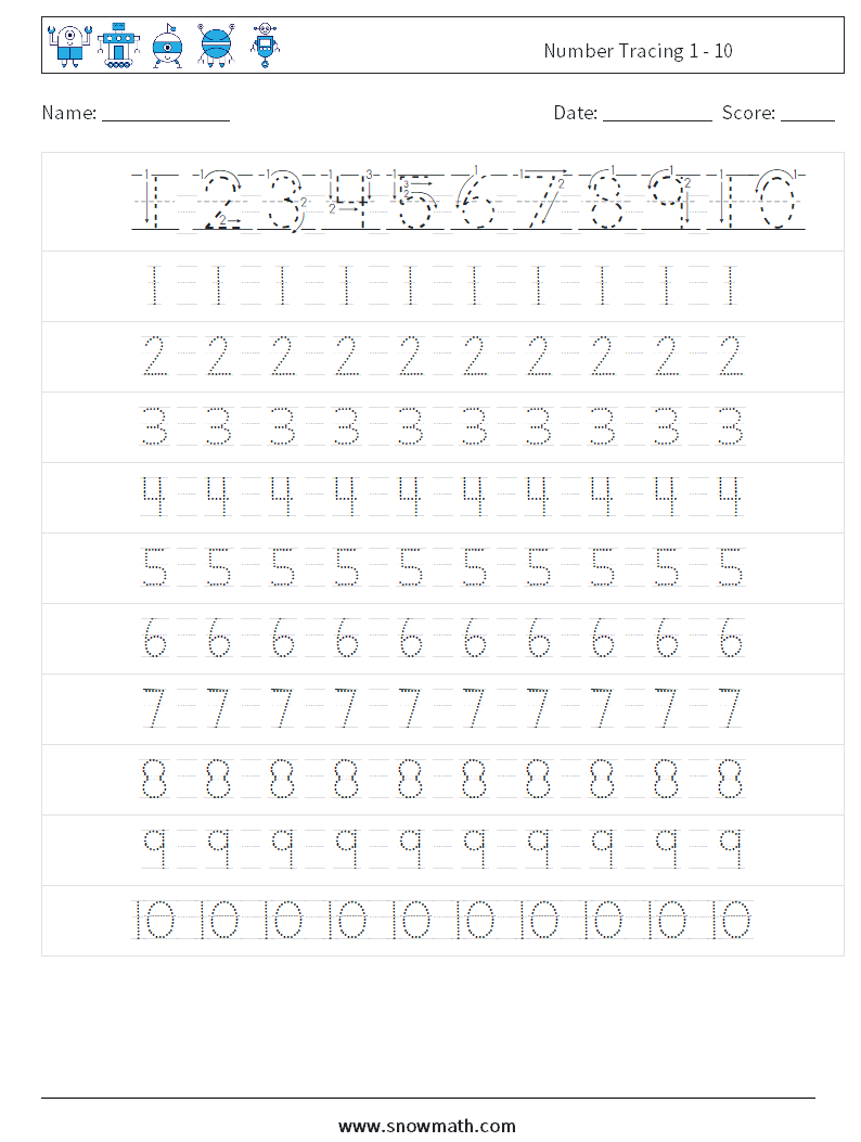 Number Tracing 1 - 10 Math Worksheets 2