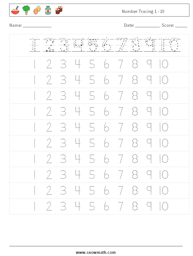 Number Tracing 1 - 10 Math Worksheets 3