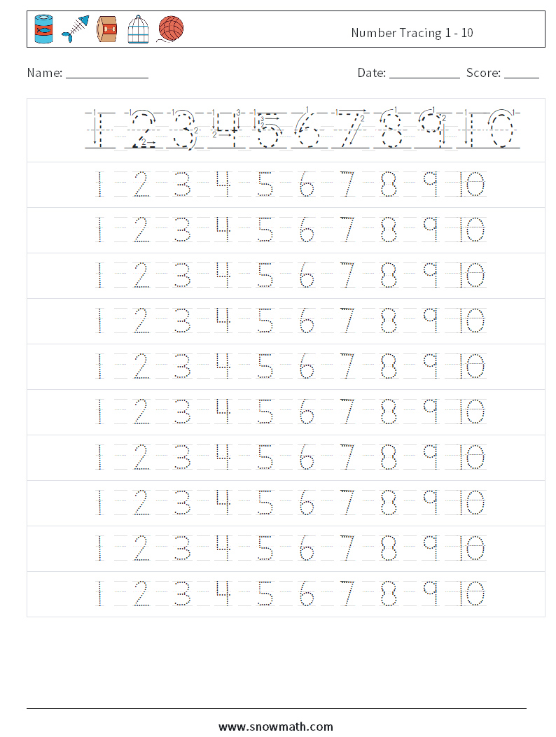 Number Tracing 1 - 10 Math Worksheets 4