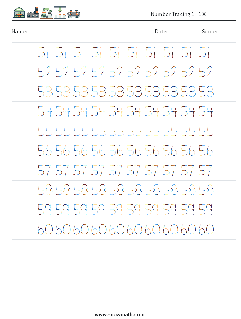 Number Tracing 1 - 100 Math Worksheets 11