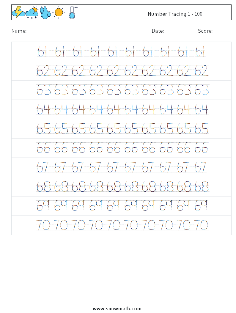 Number Tracing 1 - 100 Math Worksheets 14