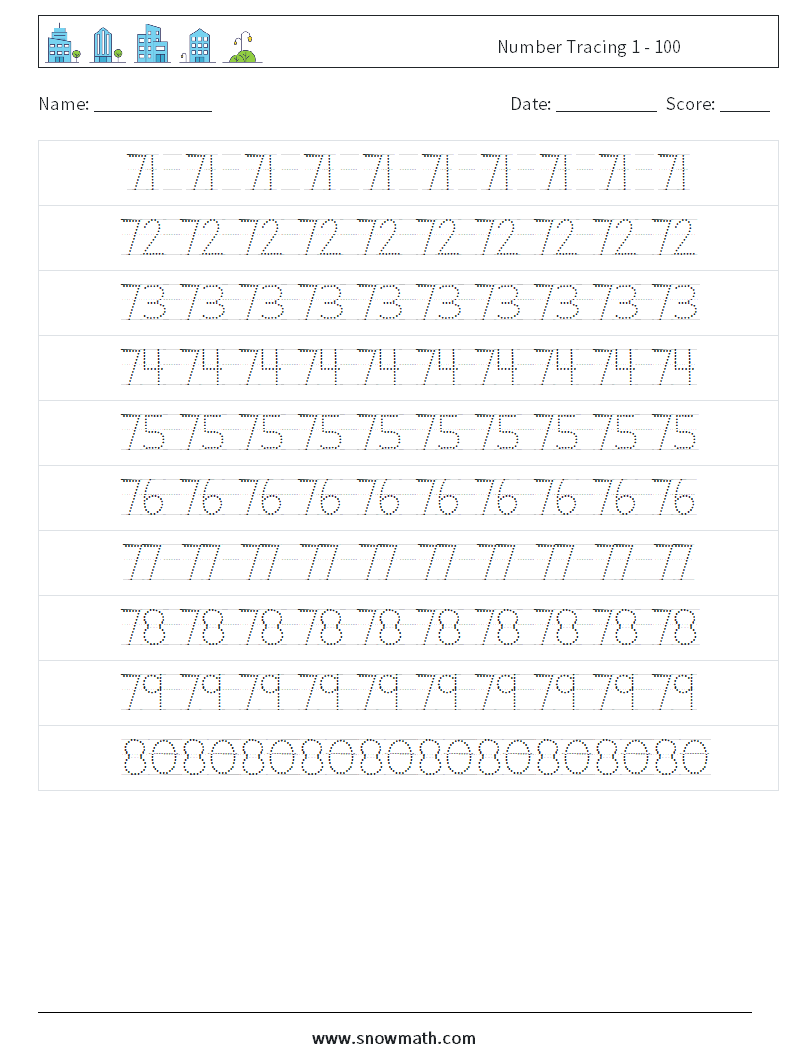 Number Tracing 1 - 100 Math Worksheets 16