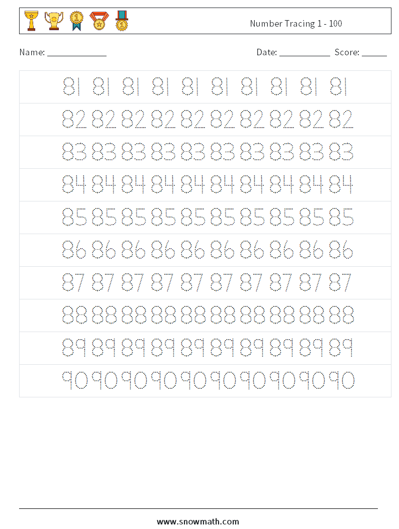 Number Tracing 1 - 100 Math Worksheets 17