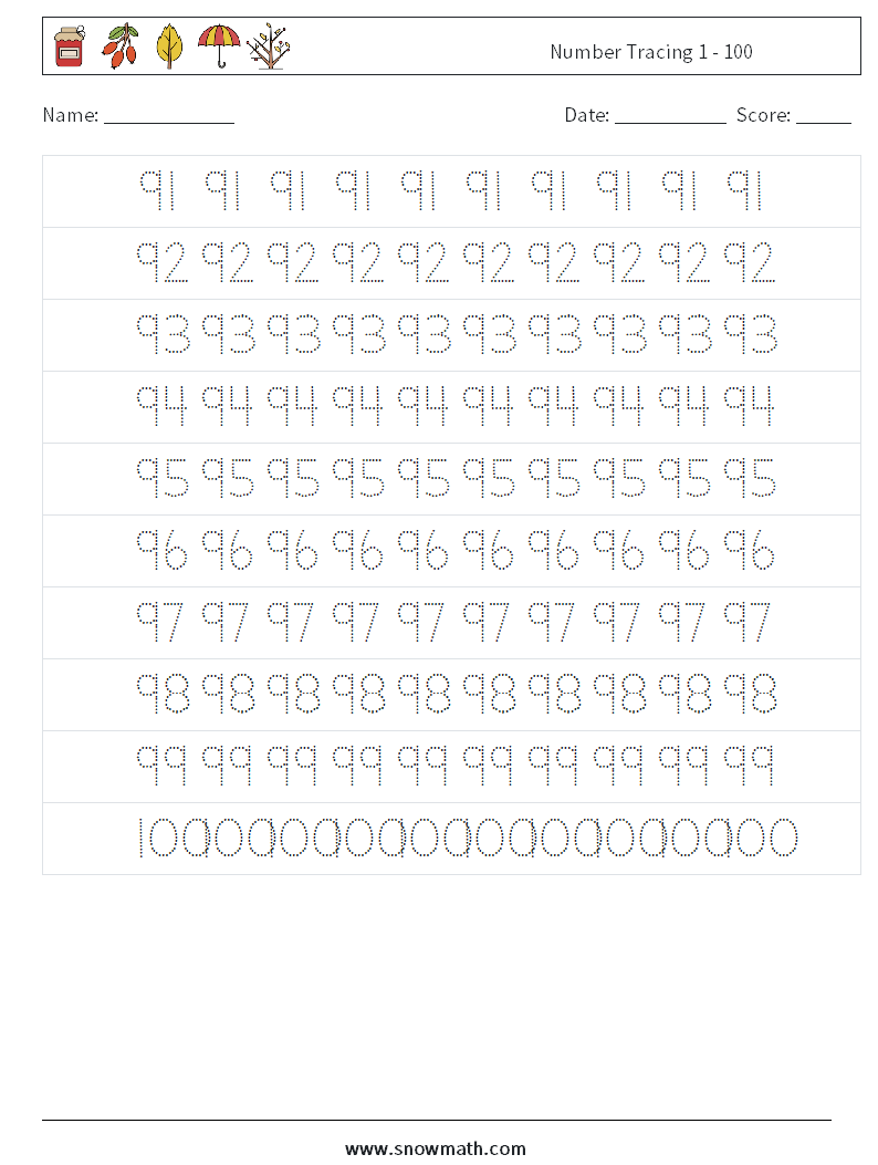 Number Tracing 1 - 100 Math Worksheets 19