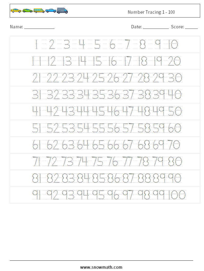 Number Tracing 1 - 100 Math Worksheets 2